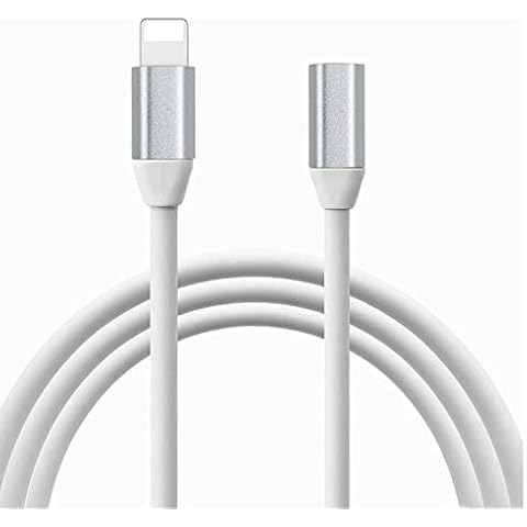 iOS Extension Cable, 3.3FT Charging Extender Dock Female to Male Pass Video Audio Data and Charging Extender Cable Adapter Compatible with iOS Devices Made of Silver Aluminum & White TPE Cover