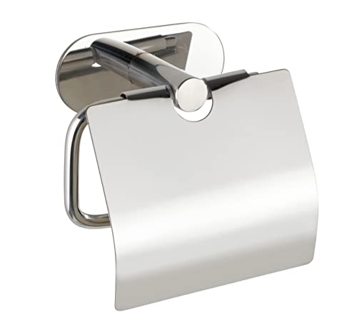 WENKO Toilettenpapierhalter Mod. Turbo-Loc Orea mit Deckel einfache Klebemontage ohne bohren rostfreier Edelstahl für Bad und Gäste-WC Wandmontage rückstandslos entfernbar glänzend 14 x 12,5 x 7 cm
