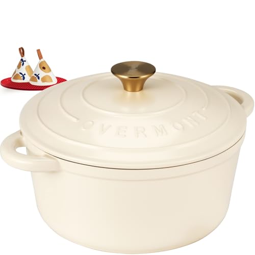 Overmont Bräter Emaille Gusseisen Topf - Schmortopf 26cm backofengeeignet - mit Deckel und Kochbuch - für Küche Backen Schmoren Braten Weiß