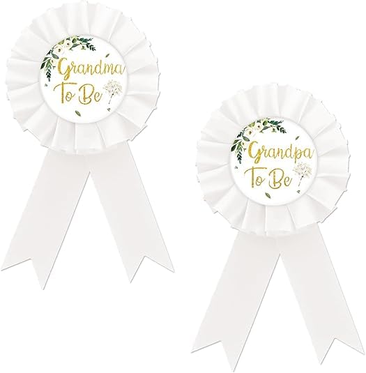 Zyozique® Grandma and Grandpa To Be Tinplate Badge Pin | Greenery Baby Shower Button Pins - White & Gold Rosette for Decorations Kit (Pack of 2)-image-8