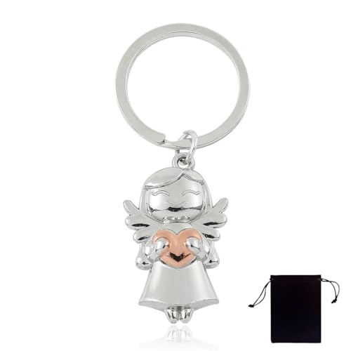 QOMJUFA Porta-chaves anjo da guarda, pingente da sorte, chaveiro de anjo, anjo com corações para exames ou carro, adequado como presente para mulheres, namoradas, colegas, ROSA