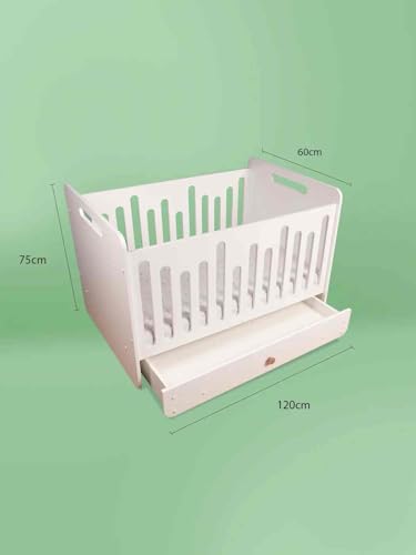 Image of Waddle & Roo The Treasure Baby Cot with Storage Drawer and Mattress | Wooden Crib for Nursery | Non-Toxic Painted HDF | Underbed Compartment | Size 120 x 60 x 75 cm | White
