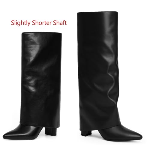 Image of Knee High Boots Women Fold Over Boots Chunky Heel Pointed Toe Tall Boots | Fashion Slouchy Boots,Side Zipper Shark Boots,Fall Spring Winter Fashion Dress Tall Boots,Evening Bridal office Long Boots