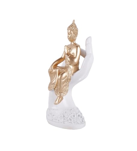 Image of THE WHITE INK DECOR Golden Enlightenment: Buddha Cradled in Graceful White Hand, Palm Buddha Hand Statues Idol for Home, Office, Living Room Decor and Mandir Pooja Room and Diwali Decor (9 inches)