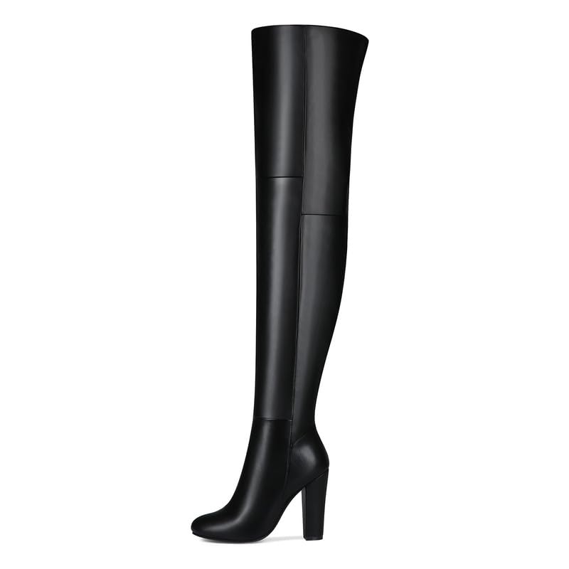 Damen Overknee Stiefel mit Mandelzeh Blockabsatz Boots Reißverschluss Überkniestiefel