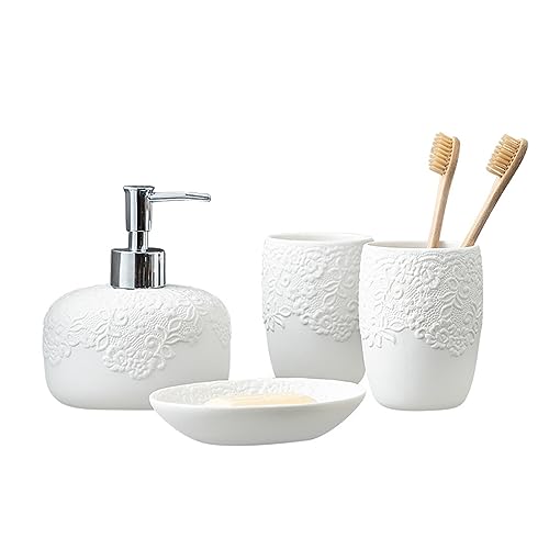 Elegante juego de dispensador de jabón de cerámica blanca, accesorios de baño con soporte para cepillo de dientes, jabonera y taza, perfecto para apartamentos y hoteles, decoración elegante del hogar
