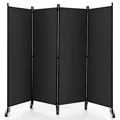 GOPLUS Paravent Pliable à 4 Panneaux, Cloison de Séparation 225x173CM avec roulettes, Cadre en Métal, Idéal pour Salon, Salle à Manger, Bureau (Gris)