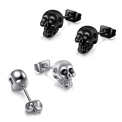 6 Pairs Punk Skull Earrings for Men Women Stainless Steel Silver Black Finger Skeleton Skull Stud Earrings Rock Ear Piercing Earrings Gothic Jewelery for Halloween2