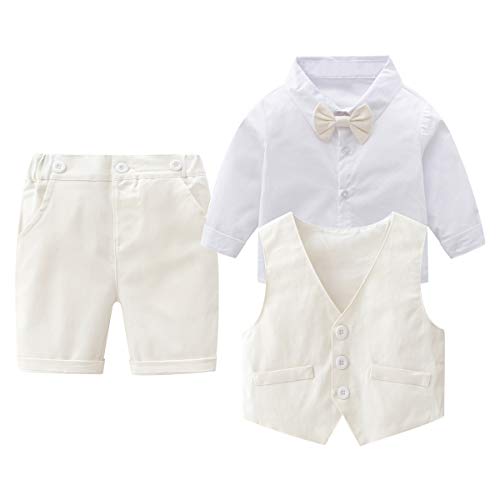 Baby Boys Gentleman Outfits Suits, Infant Long Sleeve Shirt+Cropped Pants+Bow Tie +Vest Clothes Set,3-6M