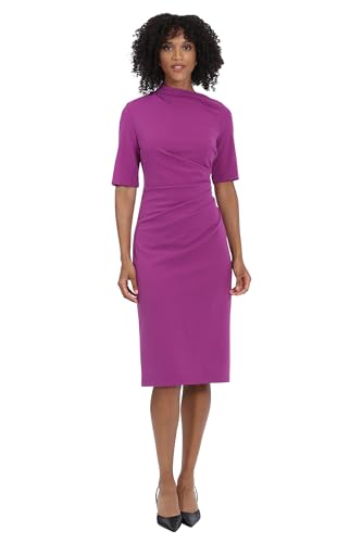 Image of Maggy London Women's Maggy London Women's Dresses Side Pleat Dress with Asymmetric Neck and Elbow Sleeves