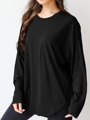 Wihion Women Oversized Long Sleeve T-Shirts Cotton Casual Crewneck Solid Tunic Tops with Pocket3
