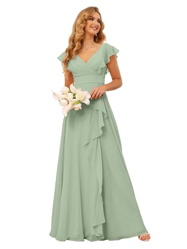 Long Chiffon Bridesmaid Dresses for Women V Neck Ruffled Split Long Formal Evening Dress
