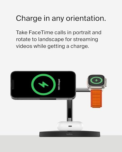 Image of Belkin MagSafe Charger, 3-in-1 Wireless Charging Stand, 2ND GEN, 33% Faster for Apple Watch, iPhone 16, iPhone 15, iPhone 14 Series, AirPods - MagSafe Charging Station for Multiple Devices - Black