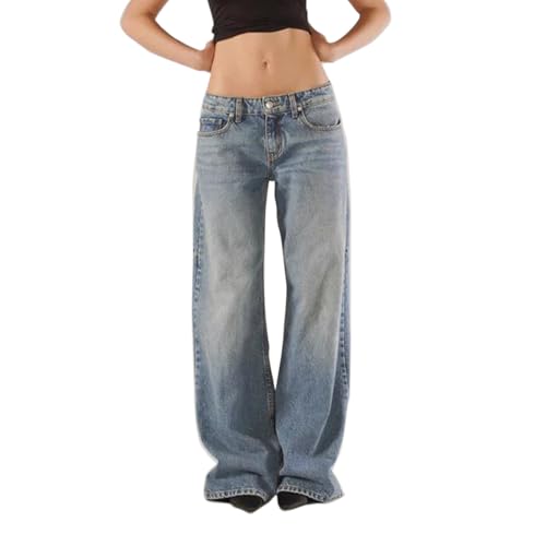 Women Y2k Low Rise Denim Pants Loose Fit Boyfriend Wide Leg Baggy Jeans with Pockets Vintage Casual Streetwear