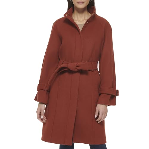 Image of Cole Haan Womens Belted Raglan Melton Wool Down Coat, Rust, 14 US