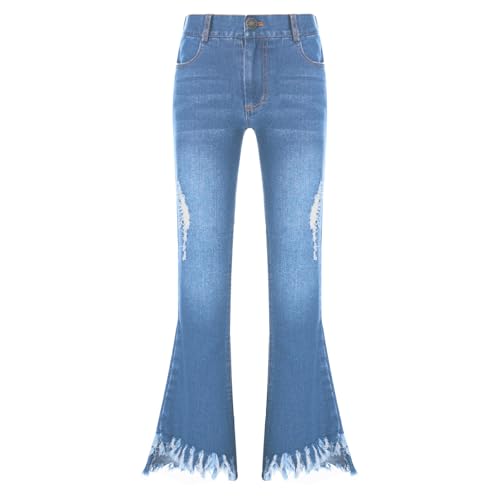Kids Girls Casual Ripped Holes Bell Bottom Jeans Youth Washed Blue