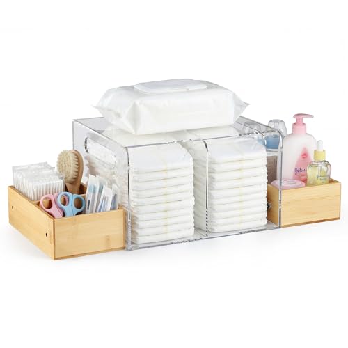 CACHOLIV Acrylic Diaper Caddy Changing Table Organizer with Handle & 3 Wooden Compartments Storage for Wipe Dispenser Baby Organizers and Storage Perfect for Diapers Wipes Creams Clear