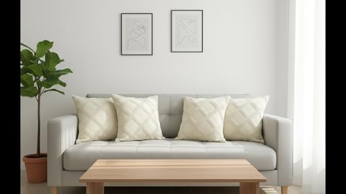 Image of Premium Cotton Cushion Cover, 20 Inch x 20 Inch, Circular Knit Neutral Textured, Square Accent, Cushion Cover Set of 4 for Living Room, Sofa (Diamond-1)