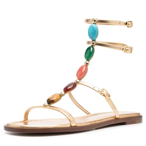 Kluolandi Jewelled Flat Gladiator Sandals for Women Gold T-strap Sandals Open Toe Summer Strappy Sandals Size 10