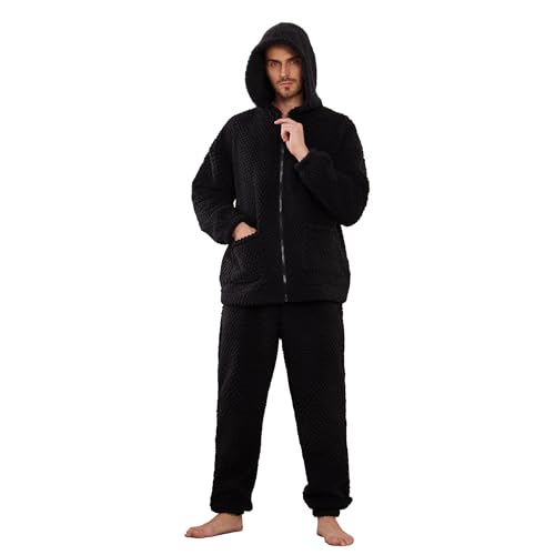Vulcanodon Mens Plush Hooded Zipper Pajama Set, Soft Warm Long Sleeve Sleepwear with Pockets Fluffy Fuzzy Cozy Pjs