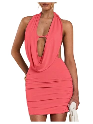 Image of SOLY HUX Women's Sexy Deep V Neck Halter Bodycon Mini Dress Sleeveless Party Club Dresses