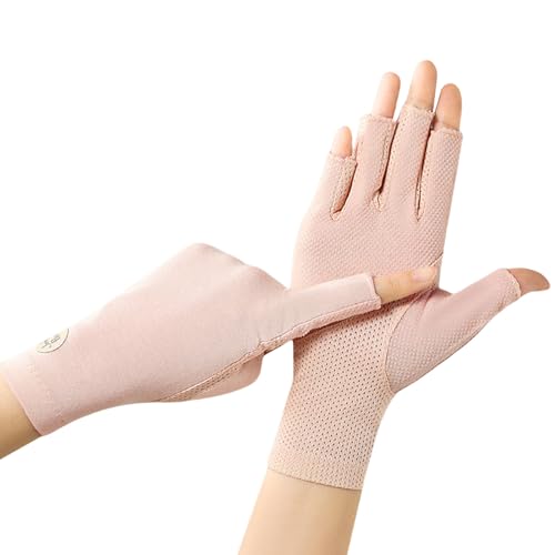 OTKARXUS Guantes de protección UV para mujer, con protección UPF 50+, material de algodón y poliéster, diseño de medio dedo, antideslizantes, talla única, color rosa claro