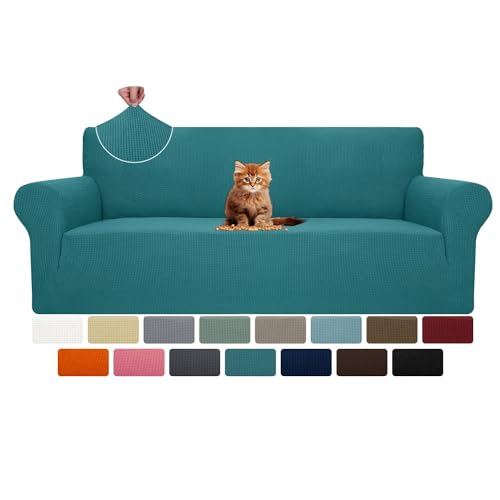 MAXIJIN Super Stretch Couch Cover for 3 Cushion Couch, 1-Piece Universal Sofa Covers Living Room Jacquard Spandex Furniture Protector Dogs Pet Friendly Fitted (Large, Peacock Teal)