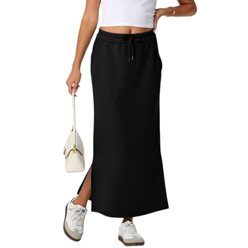 Gumipy Maxi Skirts for Women High Waisted Drawstring Long Skirts Fall Fashion Side Slit Skirt Casual Athletic Sweat Skirt