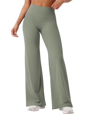 Image of YEOREO Seamless Yoga Trousers Women Straight Leggings High Waist Flared Leggings Sports Yoga Leggings Women Opaque Flared Trousers Gray Green S
