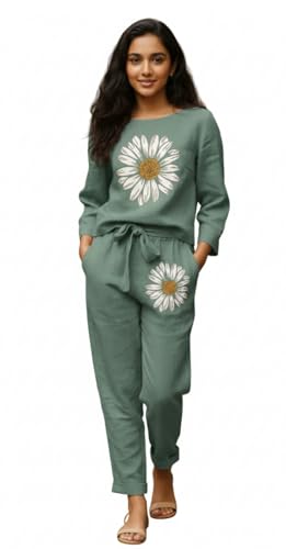Image of White Button new Girls sunflower Daisy Print Flax Cotton Co-ord Set - Breathable Summer 2-Piece Outfit