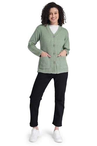 Image of MANRA Women's Woolen V-Neck Buttoned Full Sleeve Cardigan Self Design Soft Wool Fabric Winter Wear Pure Wool Sweater Fully Warm with Front Pockets Stylish Cardigan