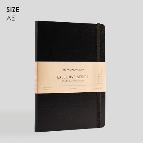 Image of myPAPERCLIP Executive Series A5 Unruled Notebook | 192 Pages, 80 GSM, Hard Cover, A5 (5 .83 x 8.27 in) | Flat Lay | Bookmark, Elastic Closure & Back Pocket | Black