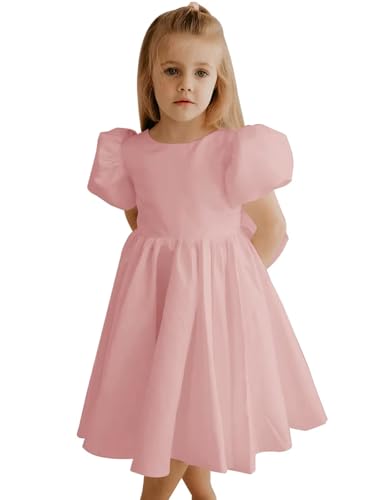 Satin Flower Girl Dress for Wedding Bow-Knot V-Back Dresses Puff Sleeve Jewel Neck Princess Party Long Ball Gowns