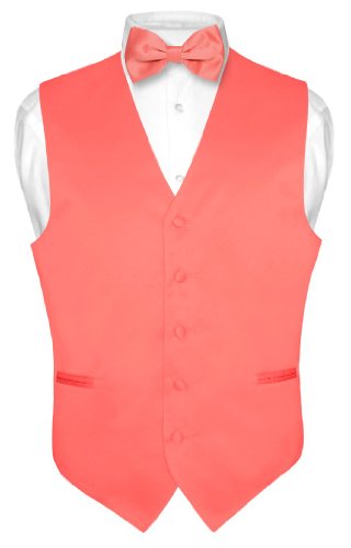 Men's Dress Vest & BowTie Solid CORAL PINK Color Bow Tie Set for Suit or Tuxedo