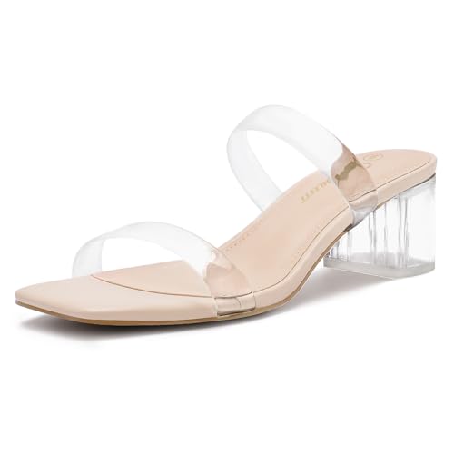 Athlefit Women's Two Strap Open Toe Heels Sandals Chunky Block Comfortable Slip On Low Heel Dress Shoes