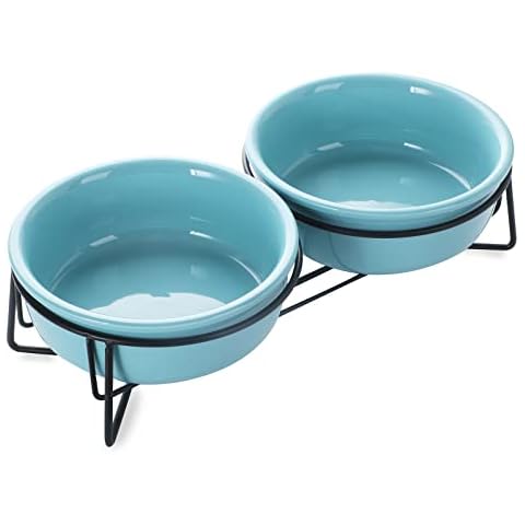 GDCZ Ceramics Raised Cat Small Dog Bowls with Heighten Metal Stand for Pet Food and Water Dishes , 15 Ounces (Turquoise) Cover