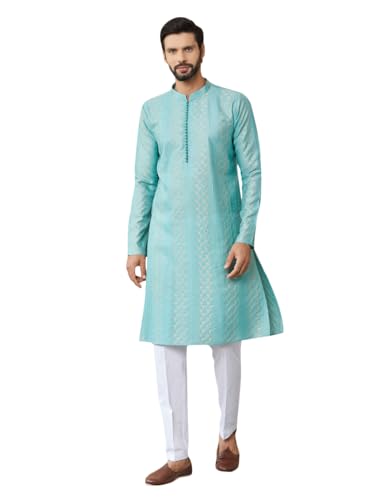 Image of See Designs Men's Long Sleeve Mandarin Collar Side Slit Embroidered Thread Work Sequinned Chanderi Silk Straight Kurta with Pyjama