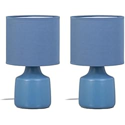 Lamparas De Mesita De Noche Azul LOLAhome Set de 2 lámparas de mesita de noche de cerámica azul con pantalla de tela de Ø 16x27 cm