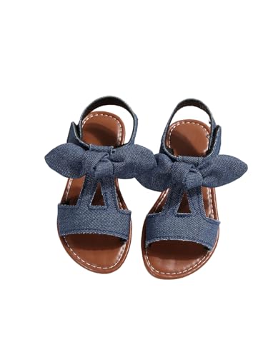 GORGLITTER Girl's Flat Sandals Dressy Bow Denim Cute Cut Out Open Toe Ankle Strap Dress Shoes