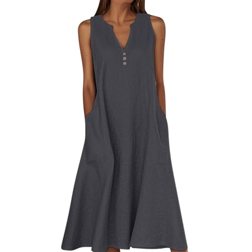 Summer Dresses for Women Cotton Linen V Neck Button Sleeveless Dress Casual Solid Maxi Loose Fit Beach Sundress with Pockets Loose fit Summer Dresses for Women UK Black M