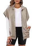 Fisoew Women's Zip Up Sweatshirts Sleeveless Oversized Casual Solid Color Sweatshirt with pockets Khaki