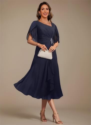 Noras dress Appliques Mother of Bride Dresses for Wedding Ruffle Cap Sleeves Tea Length Mother Dress Formal B0963