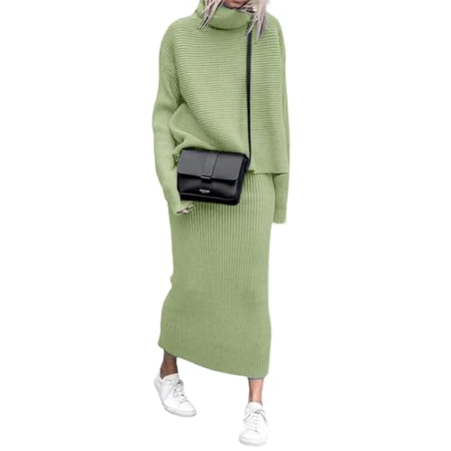Image of chouyatou Women's Turtleneck 2 Piece Outfits Ribbed Knit Sweater Midi Pencil Skirt Set