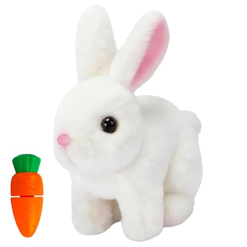 KOMEIYL Jouet Interactif Lapin de Paques, Jouet de Lapin électrique Peluche Lapin de Paques Jouet Lapin Interactif avec Carotte, Lapin Doudou Petit Peut Marcher et Parler, Cadeaux de Pâques Enfants