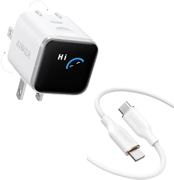Anker Nano Charger 45W, Display, Swing Plug & Anker PowerLine III Flow USB-C & USB-C Cable White