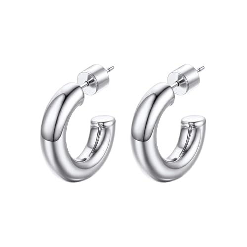 Stainless Steel Chunky Hoop Earrings For Women, Minimalist and Chic, Black/Gold Plated, Round Hoops Earrings Hypoallergenic, Size: 30mm/40mm/60mm/80mm, Come with Box 20MM 2. Silver