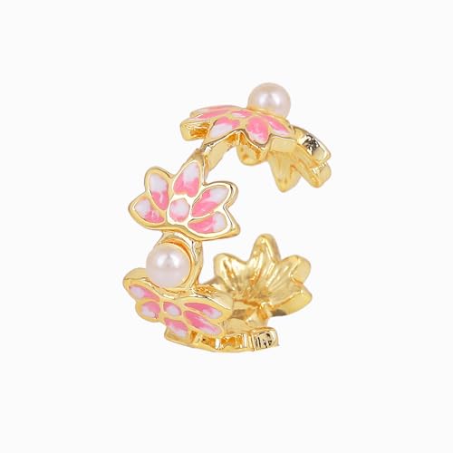 Plated Pink Enamel Lotus Adjustable Finger Ring