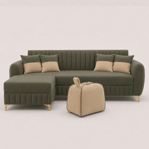Image of CASASTYLE Signature Velour 4-Seater L-Shape Sofa Set with Movable Ottoman & Suri Pouf | Flexible LHS /RHS Layout | Boston Fabric | 40D Foam + Zigzag Spring | 3-Yr Warranty (Olive Green,Sand Beige)