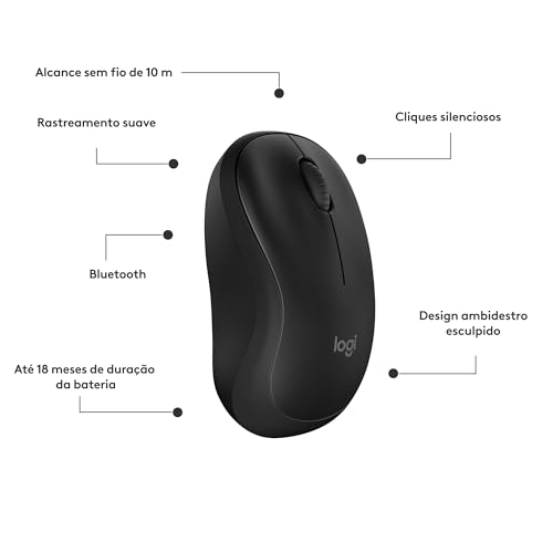 Mouse Sem Fio Logitech M240 com Conexão Bluetooth, Clique Silencioso, Design Ambidestro Compacto, Bateria de 18 Meses, Compat