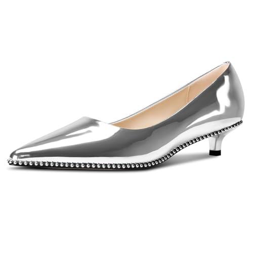 Image of Aachcol Womens Low Heel Pointed Toe Pumps Silver Beaded Kitten Heels Slip-on Comfortable Office Dress Shoes 1.4 Inches Heels
